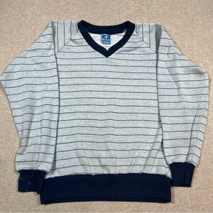Vintage Champion Sweatshirt Gray Blue Stripe V Neck Adult Medium